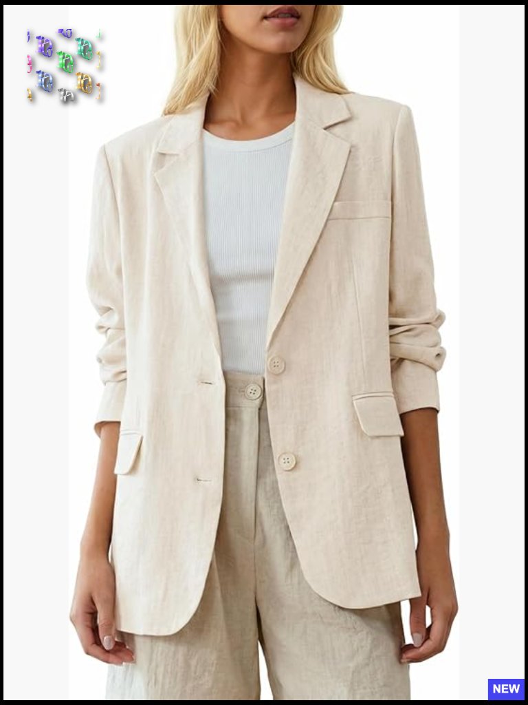 Oversized Linen-Blend Blazer Lightweight Breathable Casual Work Pocket Suit